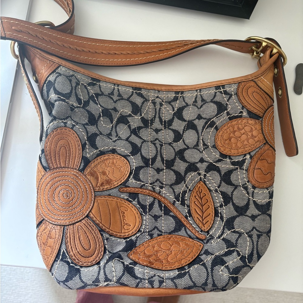 Coach Blue and Brown Shoulder Bag with Signature Design
